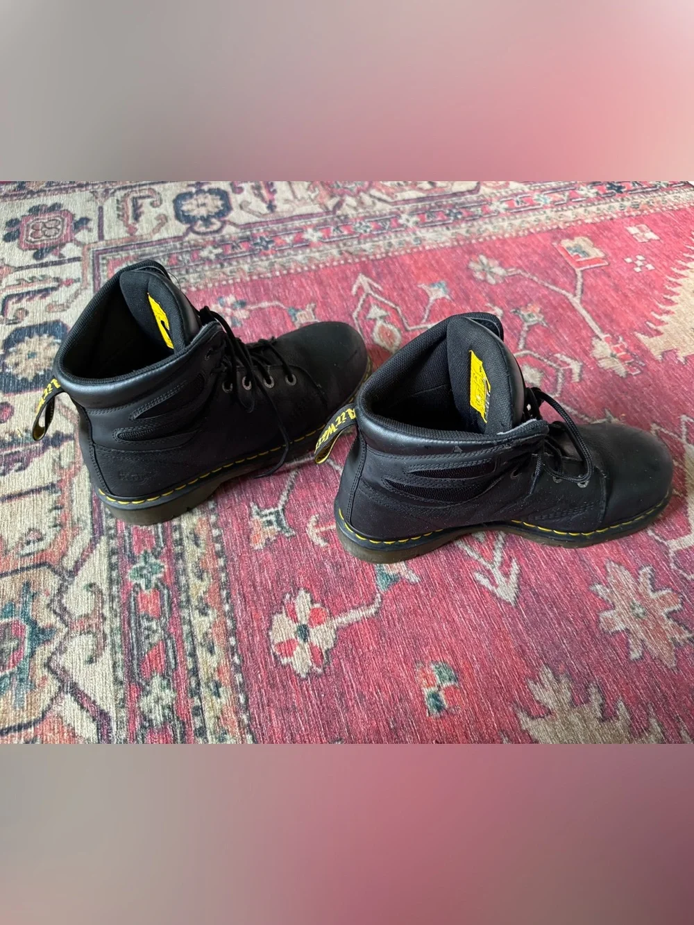 Dr. Martens Black Leather Industrial Lace-Up Safety Boots with Yellow Stitching